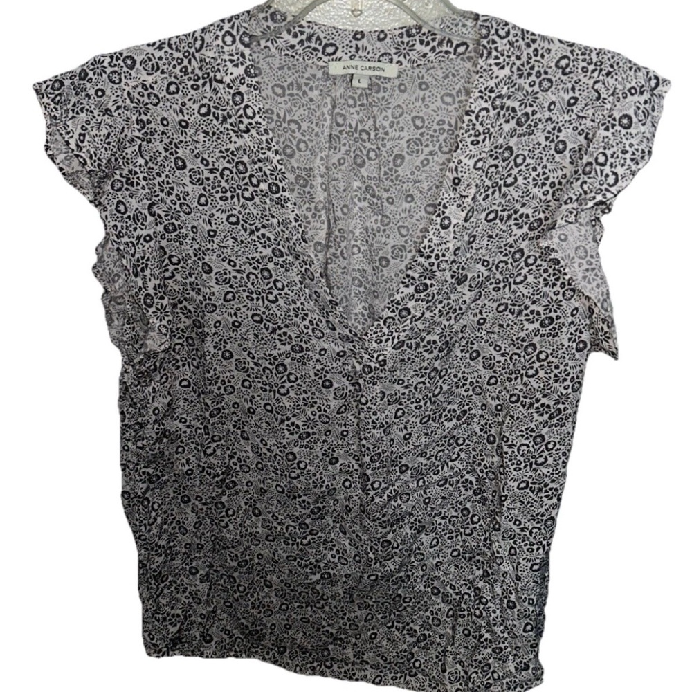 Anne Carson Black Ruffled Cap Sleeve Floral Blouse Sz Large